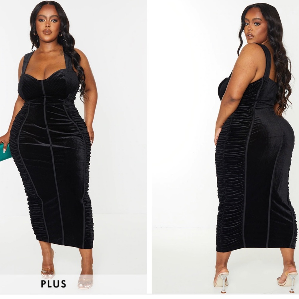 NWT PLT Black Velvet Ruched Side Cup Detail Midi Dress | Plus Size